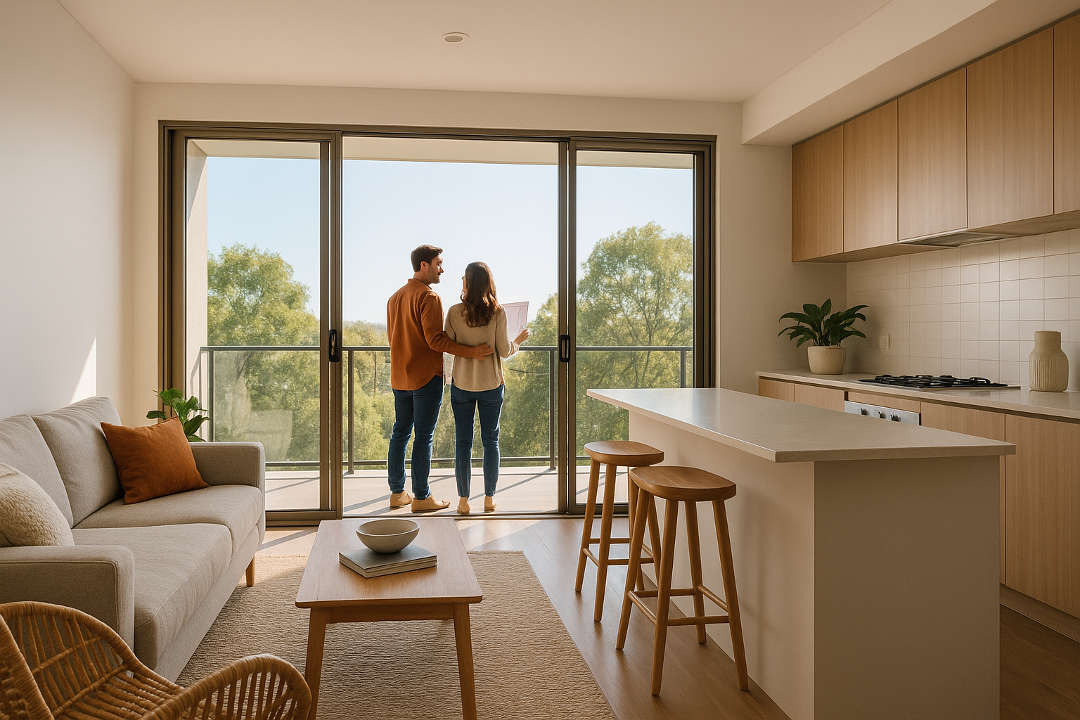A modern looking apartment on the second floor with a young couple considering the equity they have
