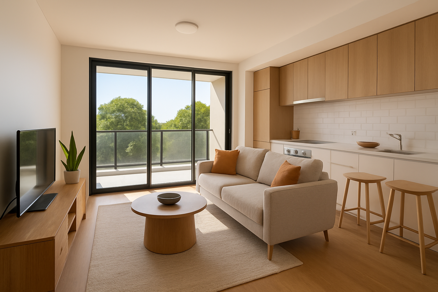 The inside of a modern looking apartment on the second floor