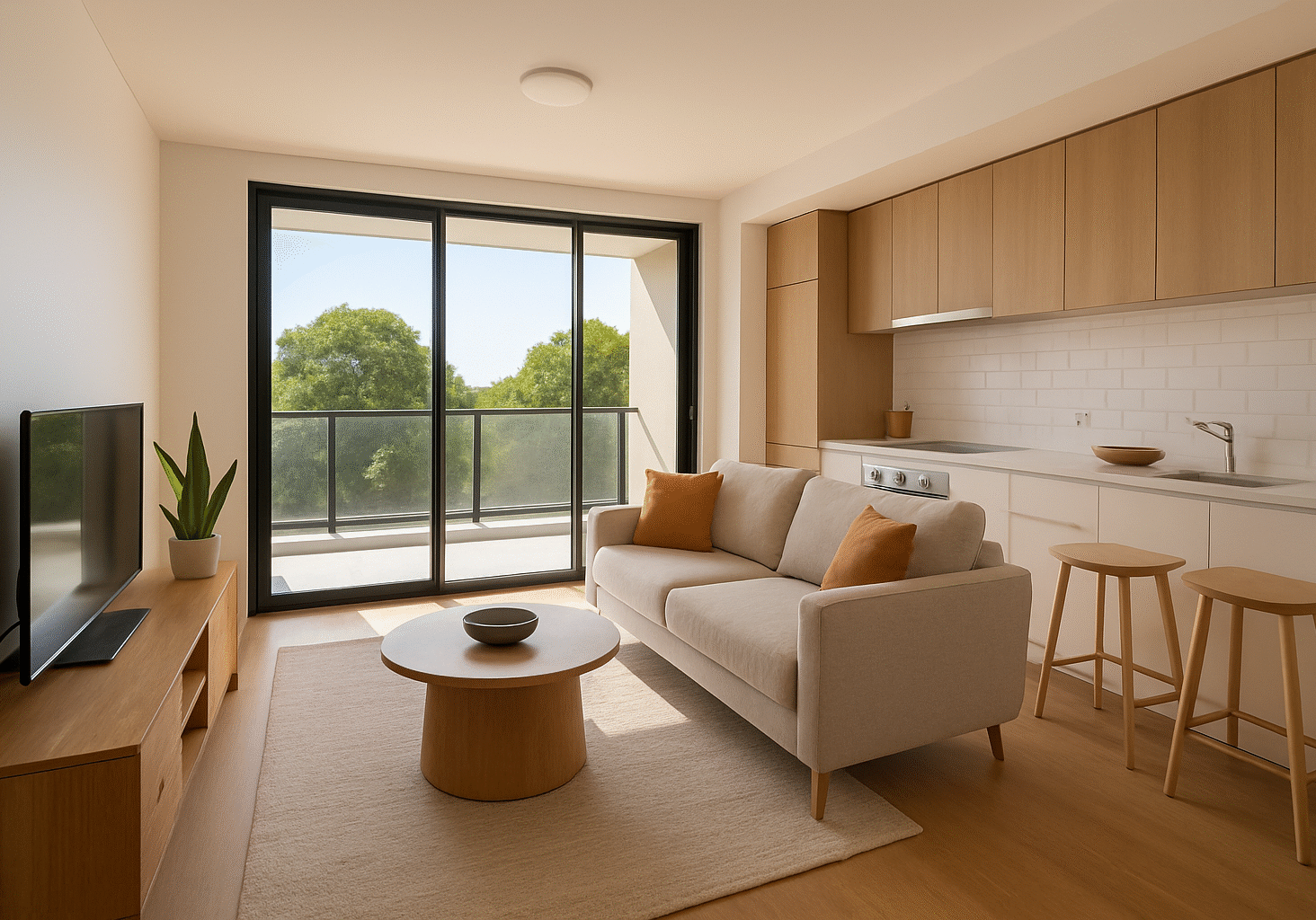 The inside of a modern looking apartment on the second floor