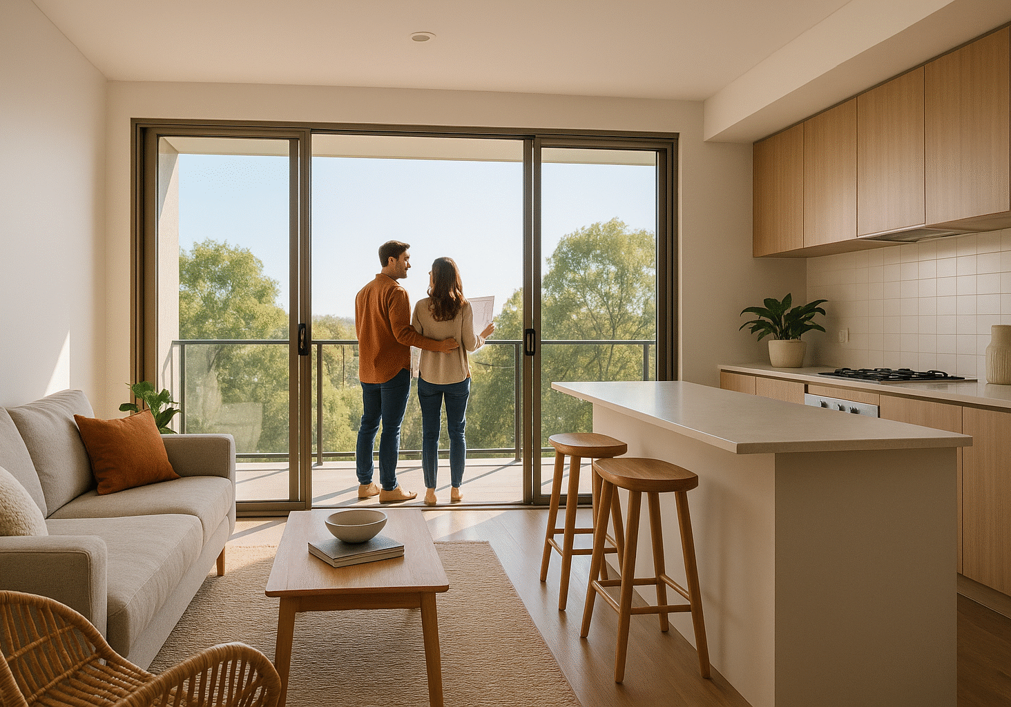 A modern looking apartment on the second floor with a young couple considering the equity they have